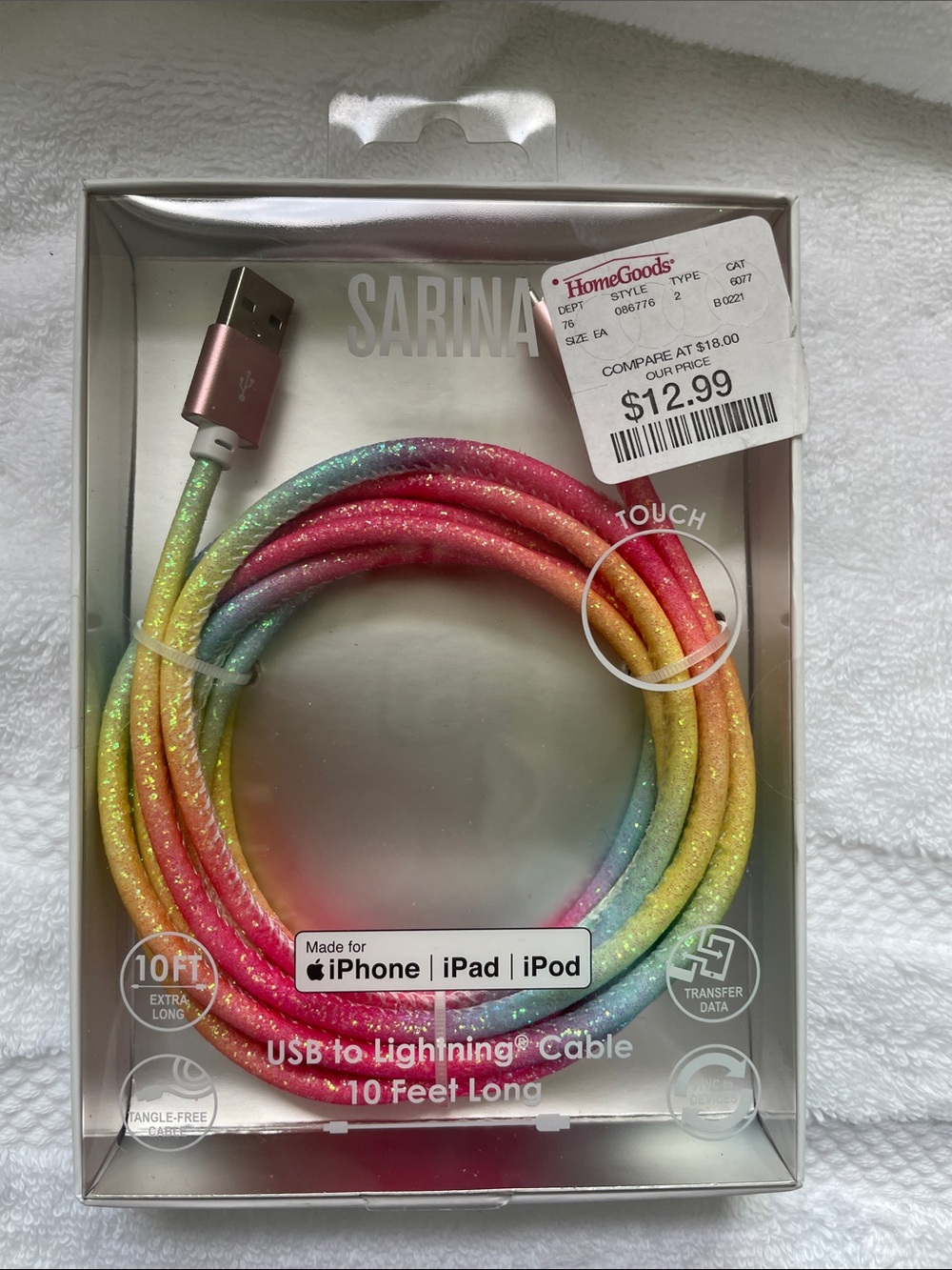 BRAND NEW Sarina Glitter Rainbow USB to Lightning Cable for iPhone - 10ft